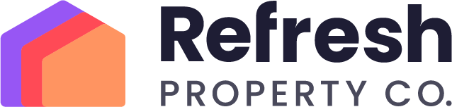 Scroll back to the top of home. A logo of three overlapping house-shaped layers in purple, red, and orange forming a stylized home icon, next to a text logo that says "Refresh Property Co."